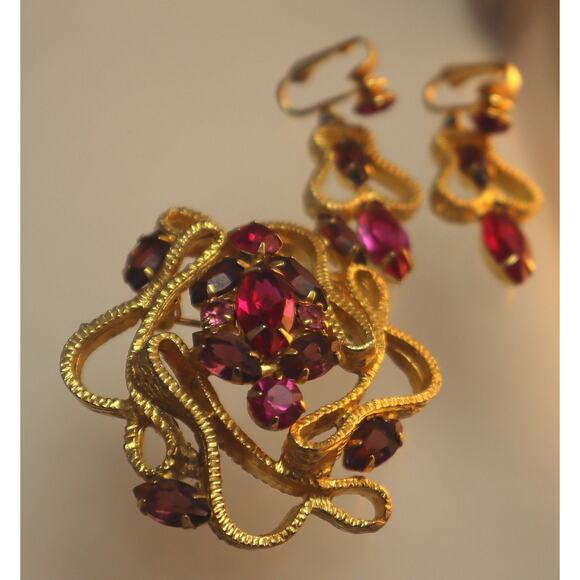 Pink Purple Rhinestone Abstract Squiggly Brooch Pin Set Vintage - Picture 3 of 8